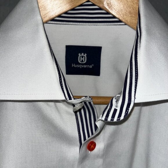 HUSQVARNA Men's Embroidered Spellout Long Sleeve Button Down White Dress Shirt L - Picture 4 of 13